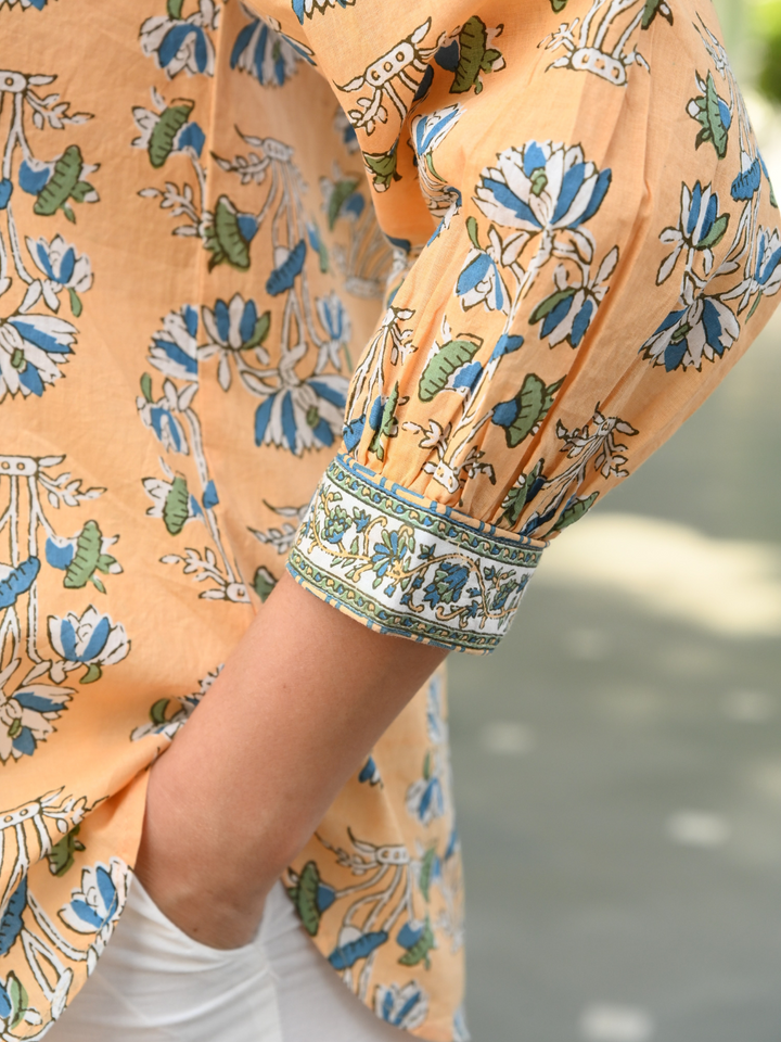 Cotton Yellow Printed Pintuck Tunic Top