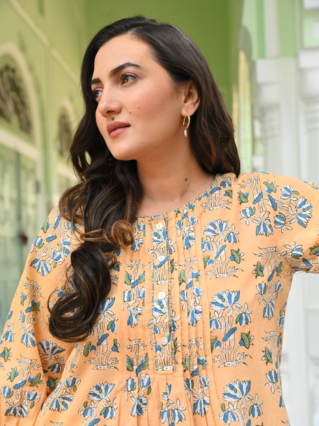 Cotton Yellow Printed Pintuck Tunic Top