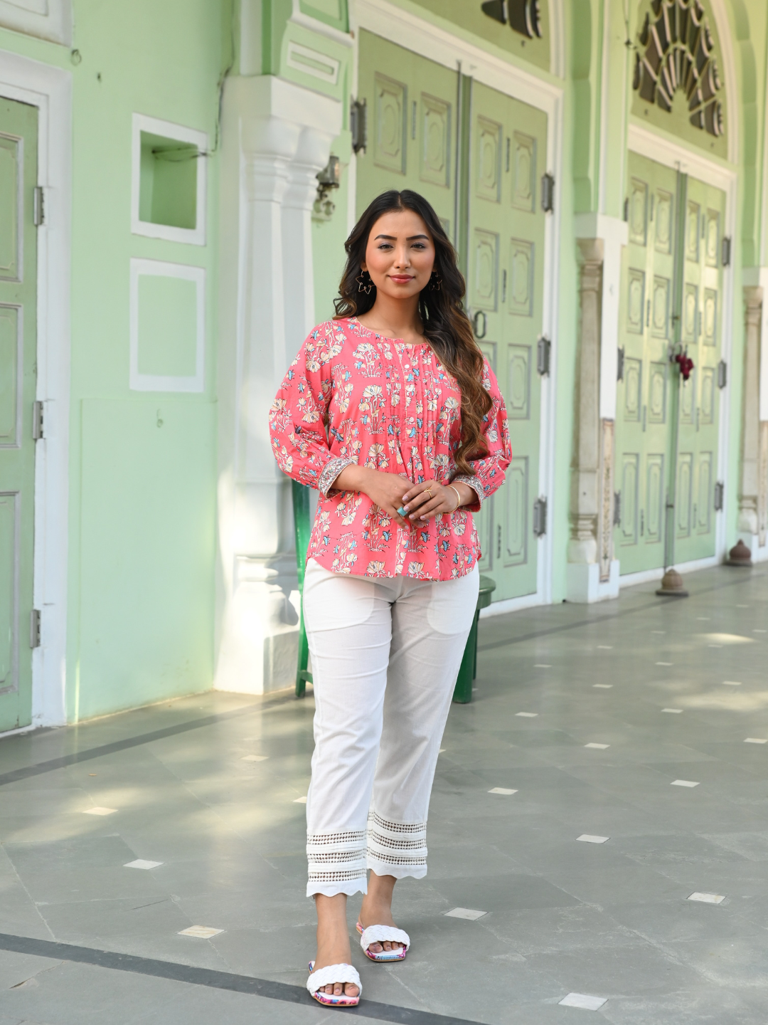 Cotton Pink Printed Pintuck Tunic Top