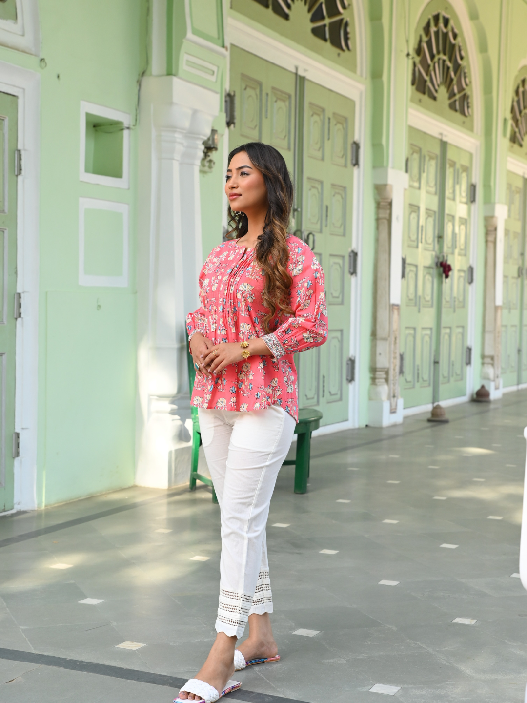 Cotton Pink Printed Pintuck Tunic Top
