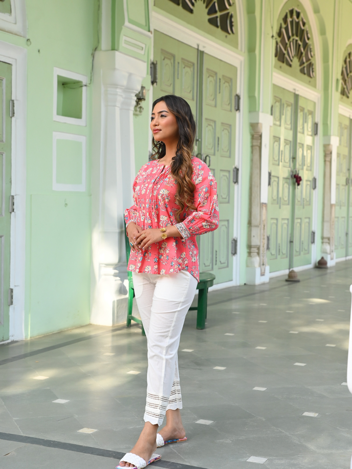 Cotton Pink Printed Pintuck Tunic Top
