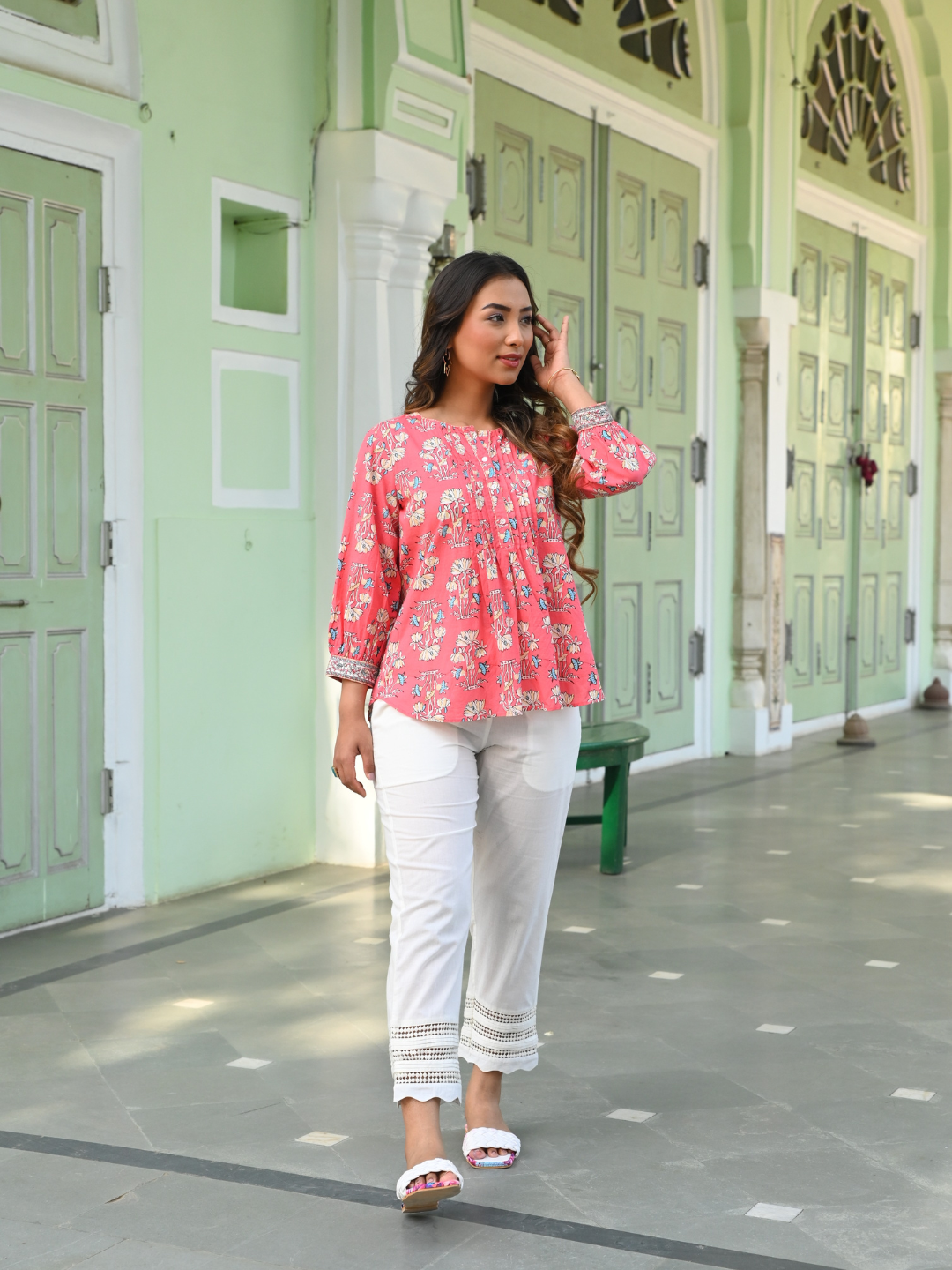 Cotton Pink Printed Pintuck Tunic Top