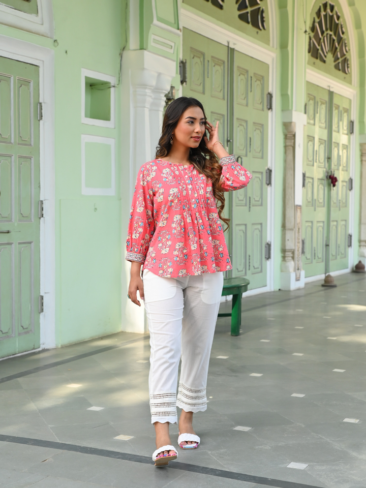 Cotton Pink Printed Pintuck Tunic Top
