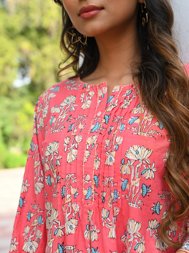 Cotton Pink Printed Pintuck Tunic Top
