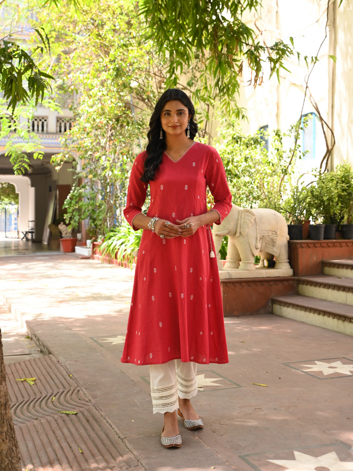 Cotton Red Embroidered A-Line Kurta