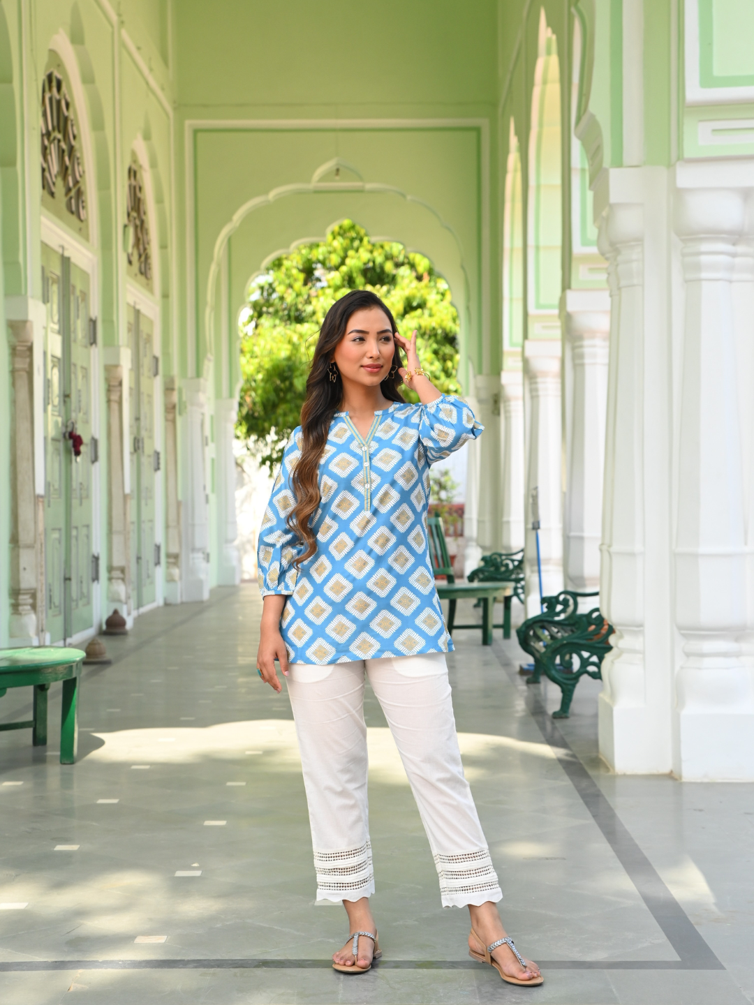 Blue Ikat Printed Tunic Top