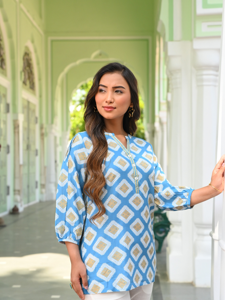 Blue Ikat Printed Tunic Top