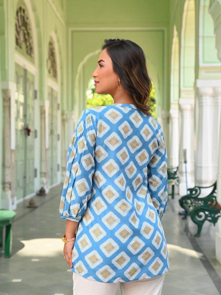 Blue Ikat Printed Tunic Top
