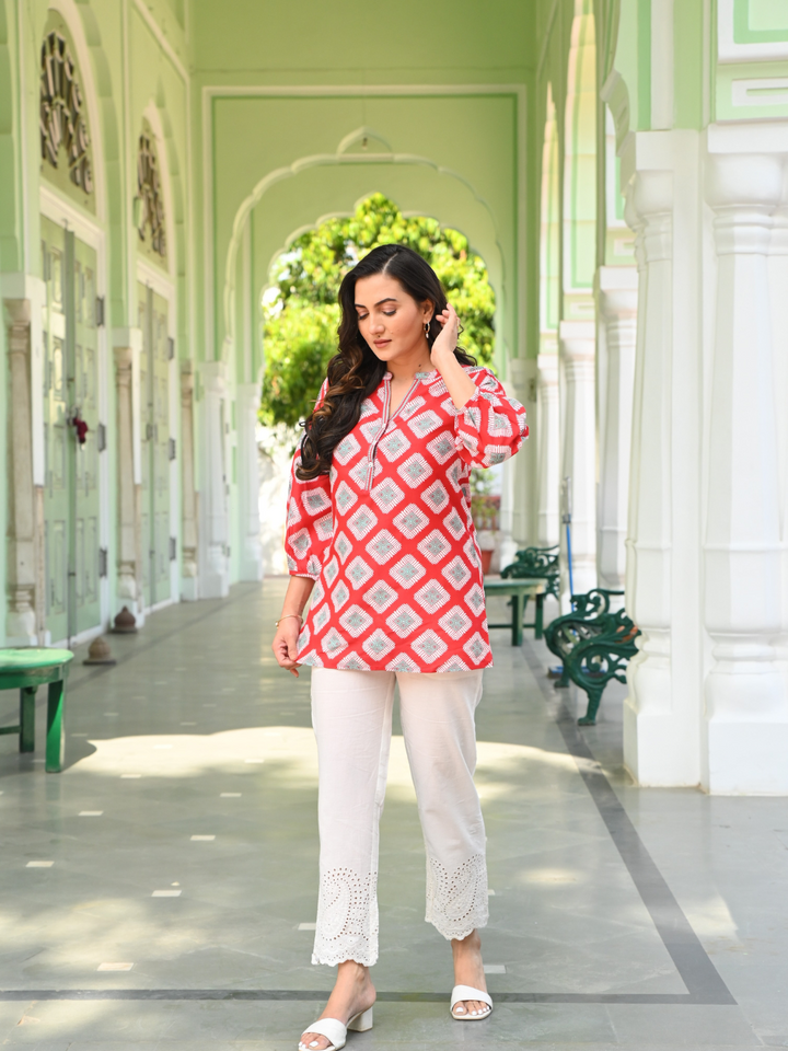 Red Ikat Printed Tunic Top
