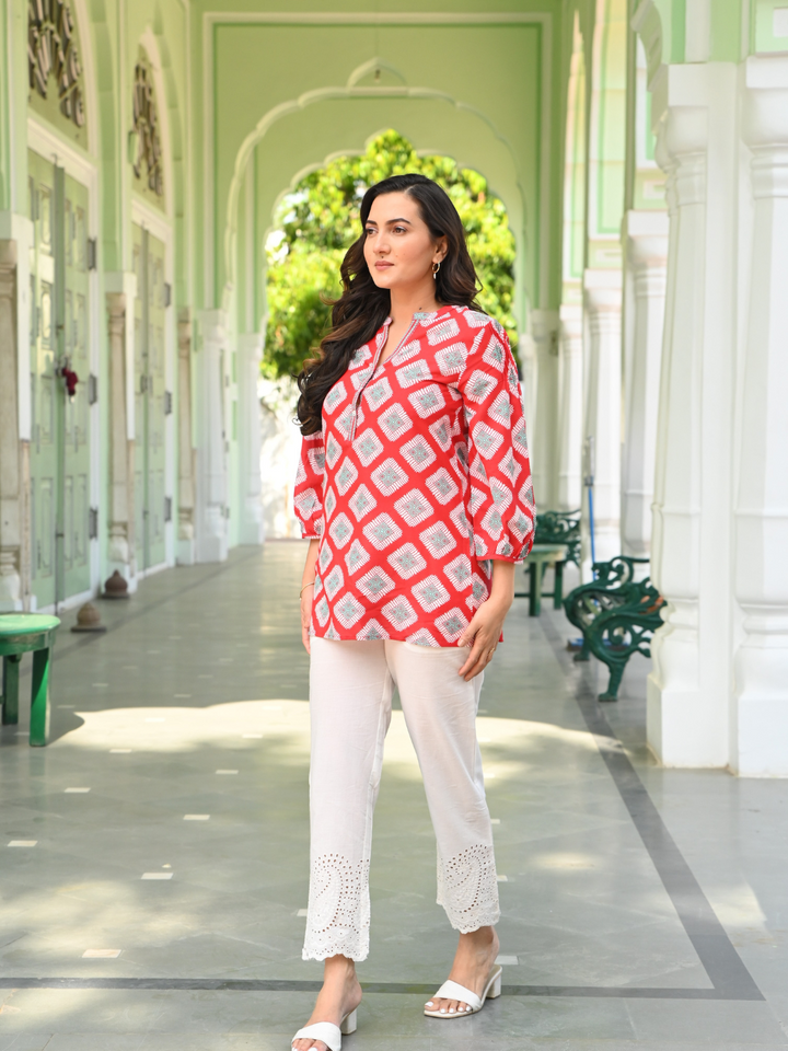 Red Ikat Printed Tunic Top