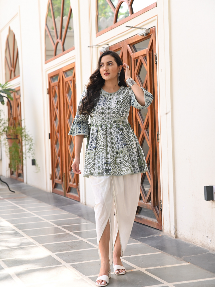 White and Green Cotton Printed Kurta Dhoti Co-Ord Set