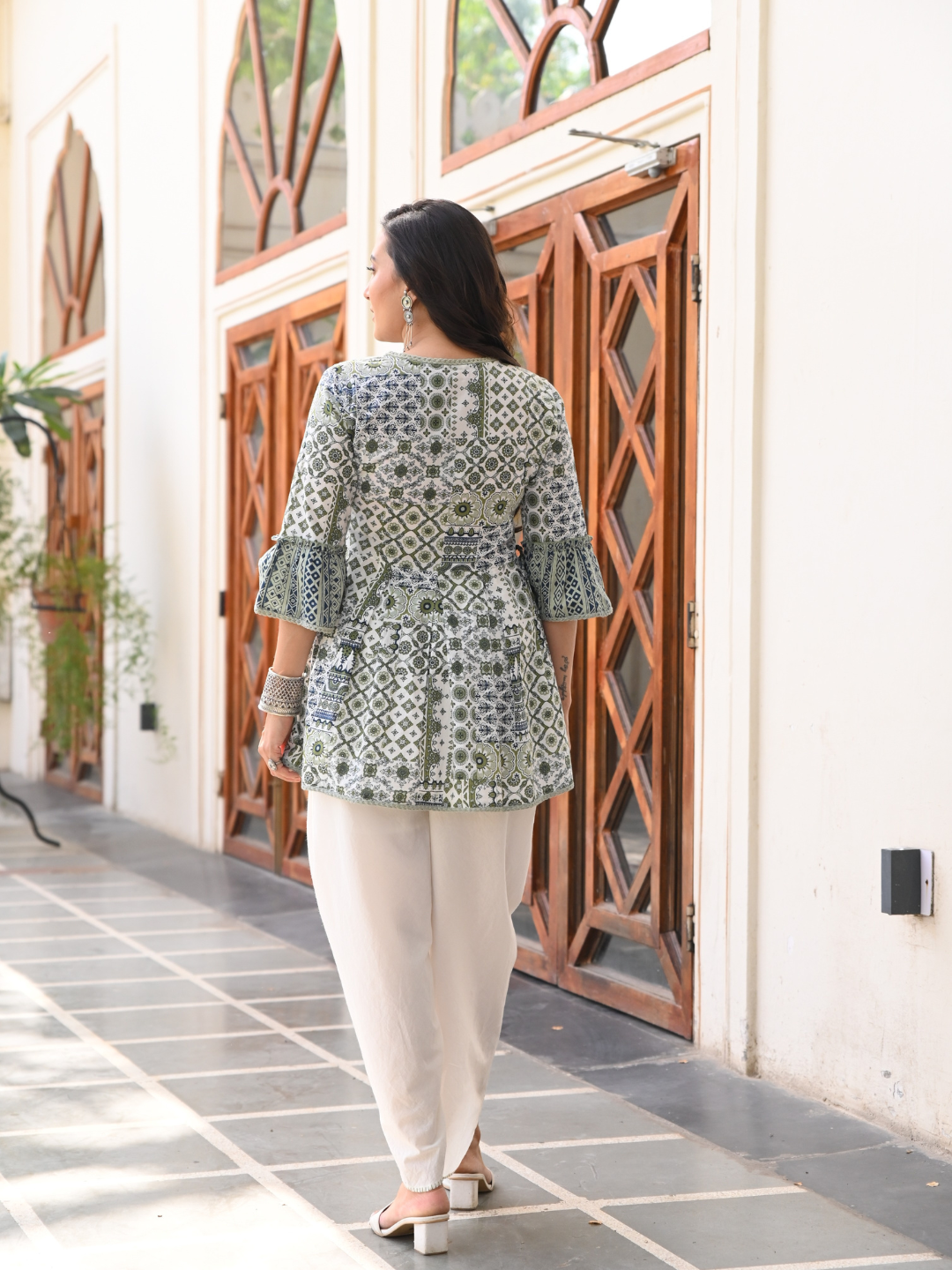 White and Green Cotton Printed Kurta Dhoti Co-Ord Set