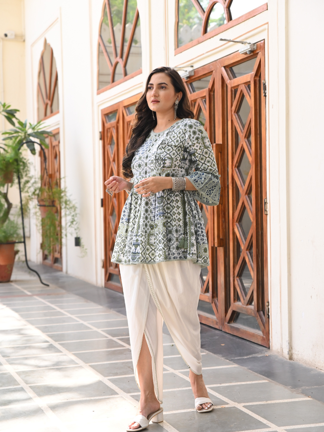 White and Green Cotton Printed Kurta Dhoti Co-Ord Set