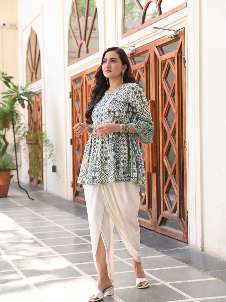 White and Green Cotton Printed Kurta Dhoti Co-Ord Set