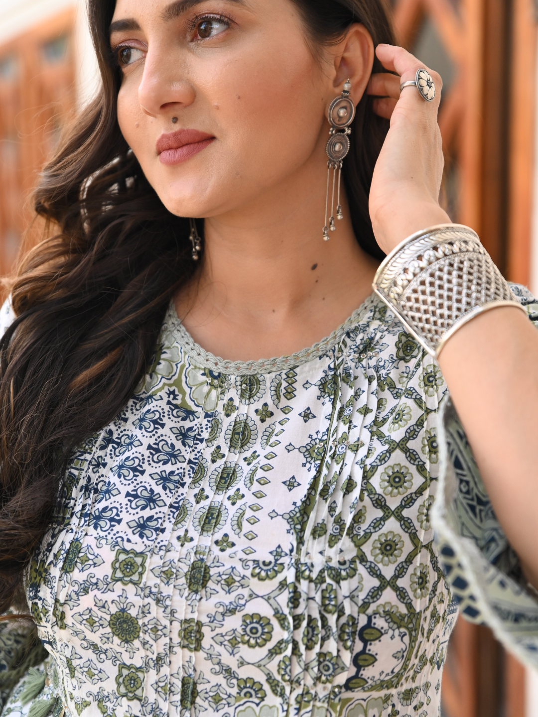 White and Green Cotton Printed Kurta Dhoti Co-Ord Set