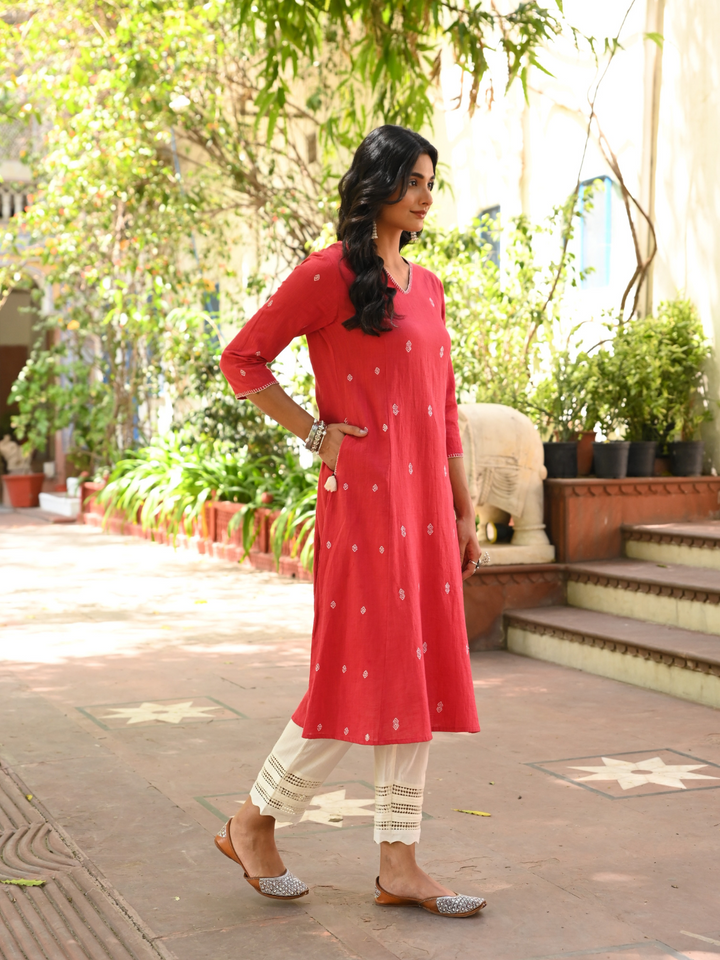 Cotton Red Embroidered A-Line Kurta