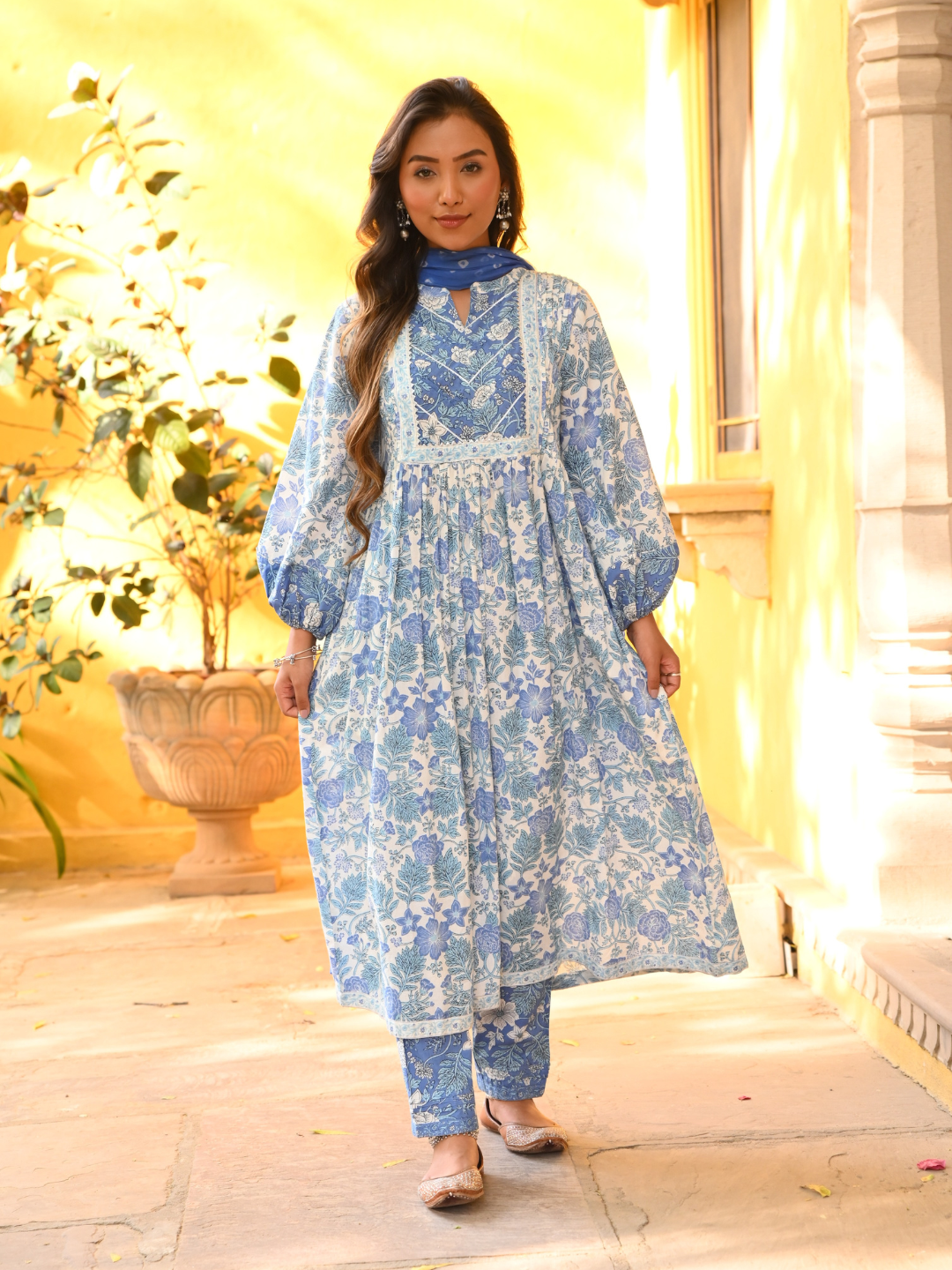 Cotton Blue Printed A-Line Kurta Pant Set