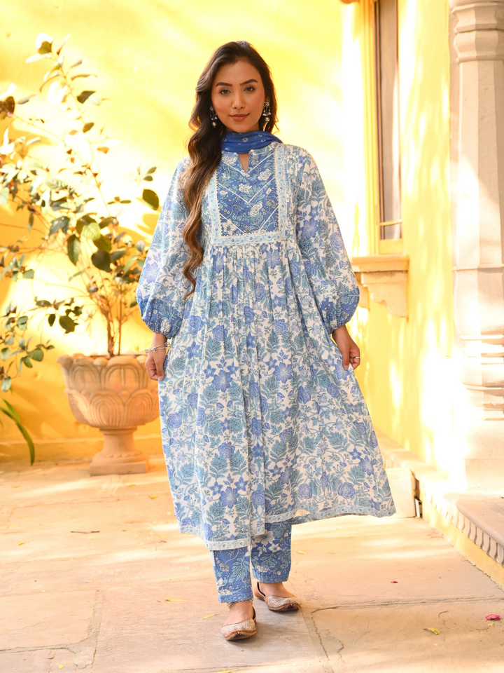Cotton Blue Printed A-Line Kurta Pant Set