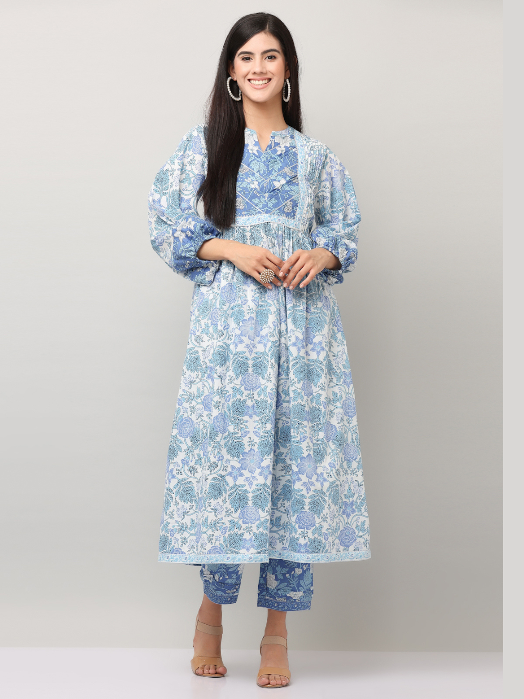 Cotton Blue Printed A-Line Kurta Pant Set