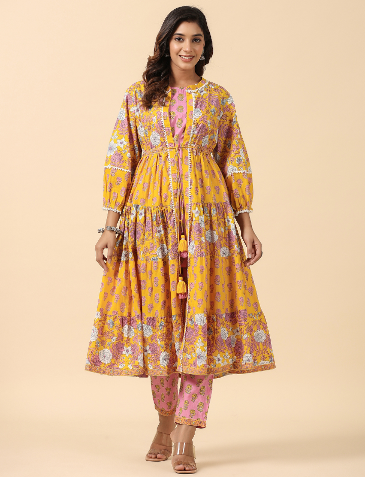 Yellow and Pink Floral Cotton Co-Ord Set With Shrug