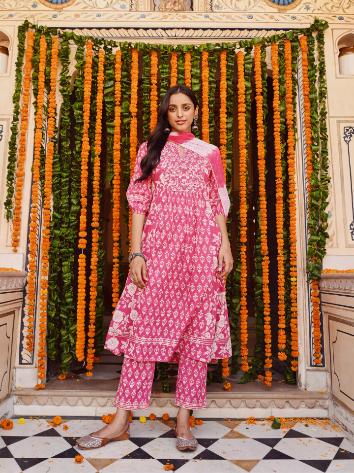 Pink Cotton Embroidered A Line Suit Set
