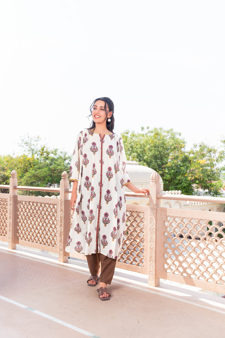 Beige Cotton Dobby Printed A Line Kurta