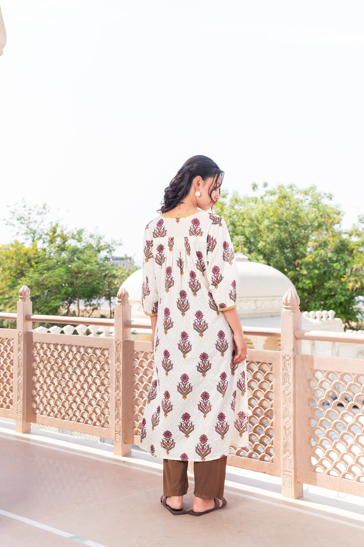 Beige Cotton Dobby Printed A Line Kurta