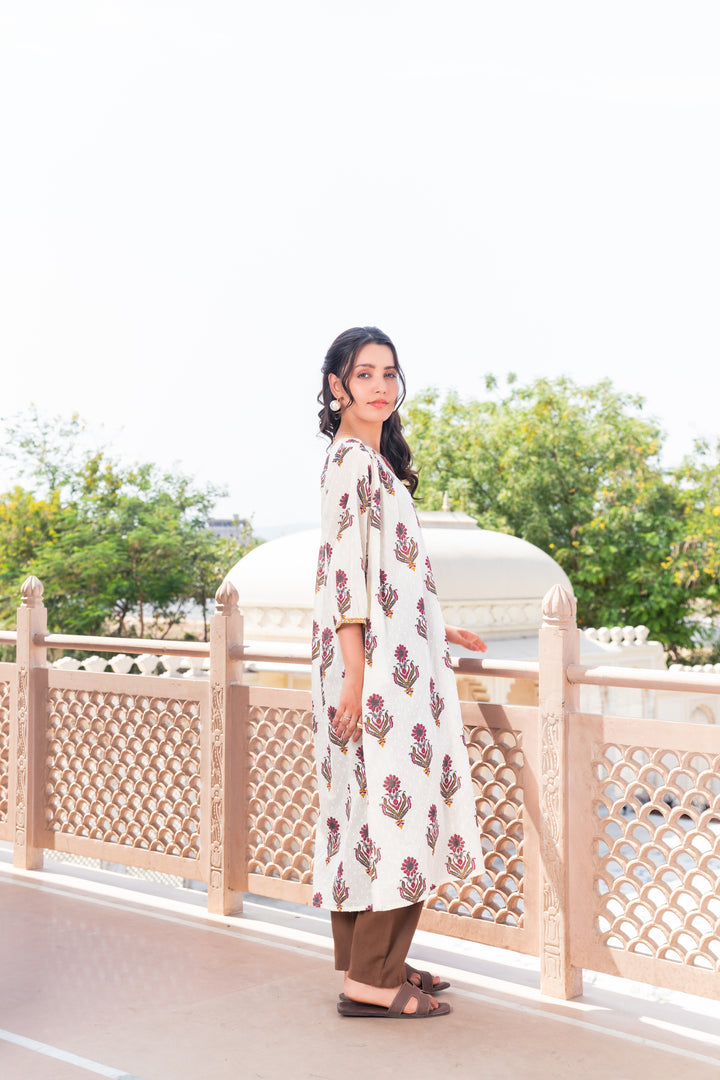 Beige Cotton Dobby Printed A Line Kurta