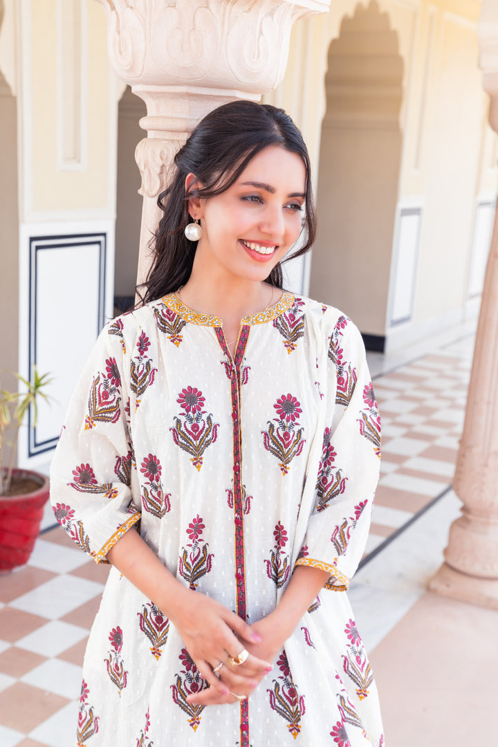 Beige Cotton Dobby Printed A Line Kurta
