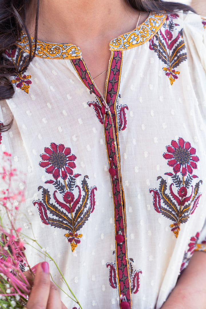 Beige Cotton Dobby Printed A Line Kurta