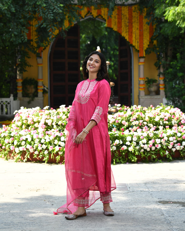 Pink Zari Embroidered Festive Designer Kurta Pant Set With Dupatta