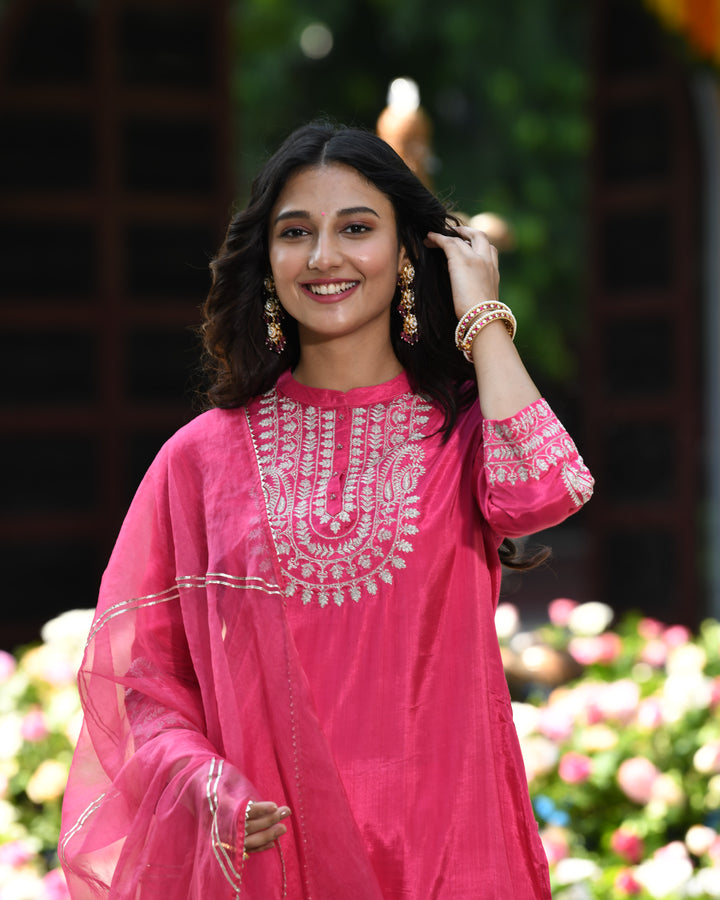 Pink Zari Embroidered Festive Designer Kurta Pant Set With Dupatta