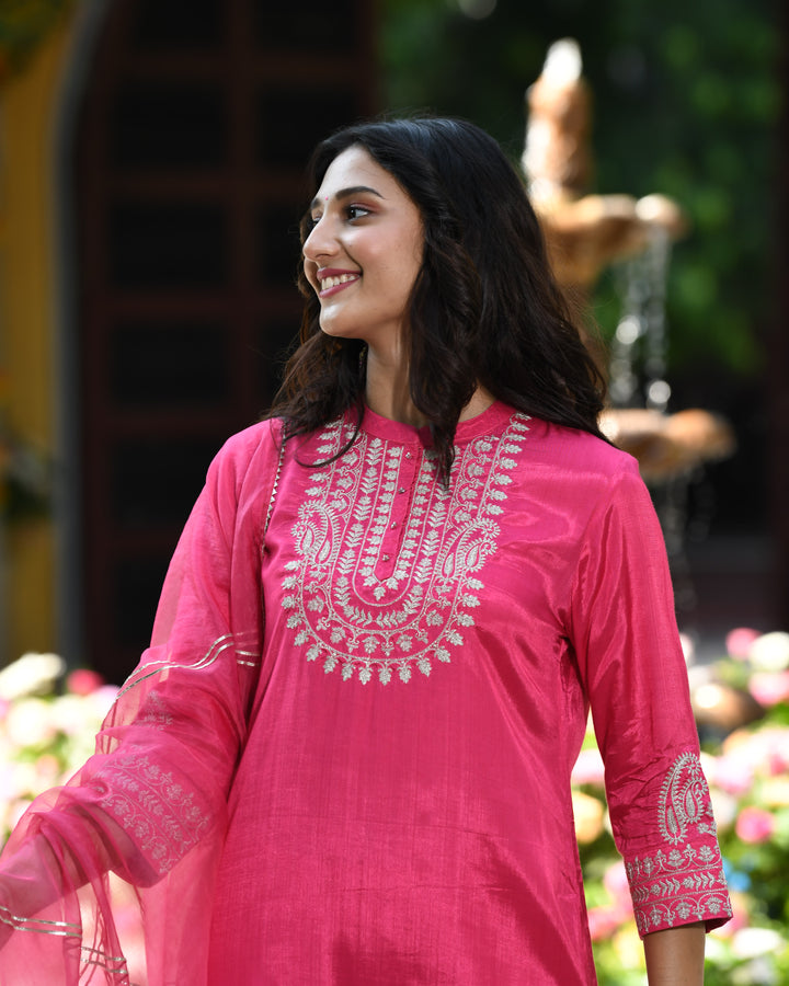 Pink Zari Embroidered Festive Designer Kurta Pant Set With Dupatta