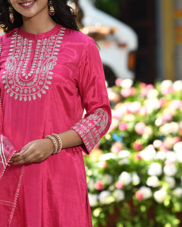 Pink Zari Embroidered Festive Designer Kurta Pant Set With Dupatta