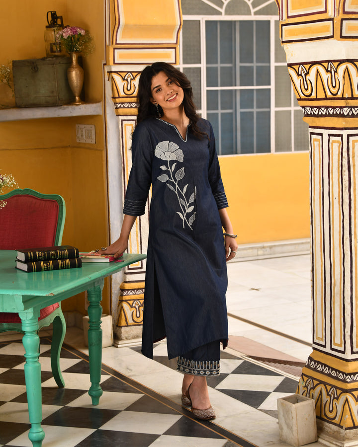 Dark Blue A-Line Denim Kurta