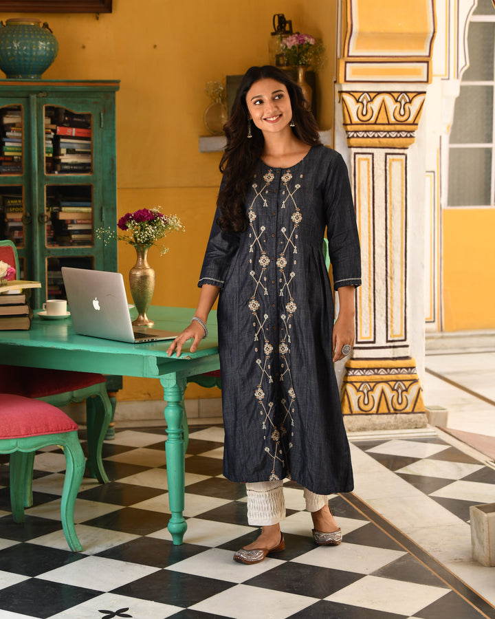 Denim A-Line Front Slit Embroidered Kurta