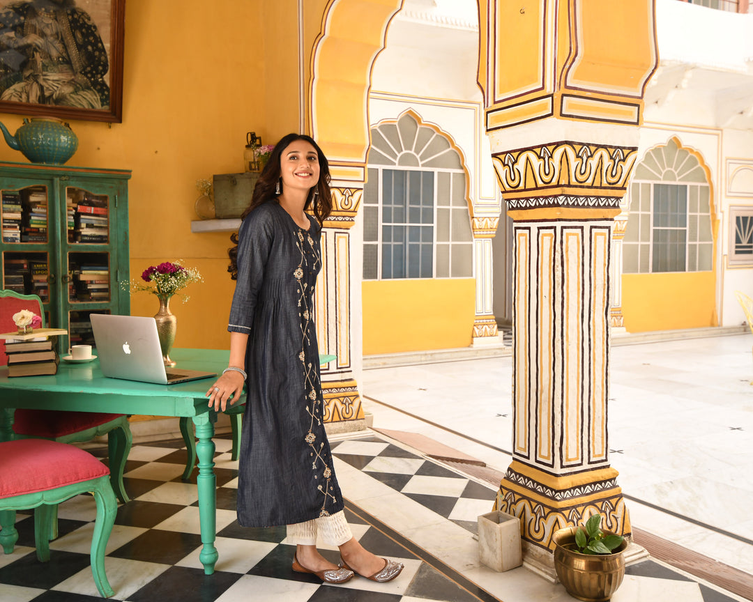 Denim A-Line Front Slit Embroidered Kurta