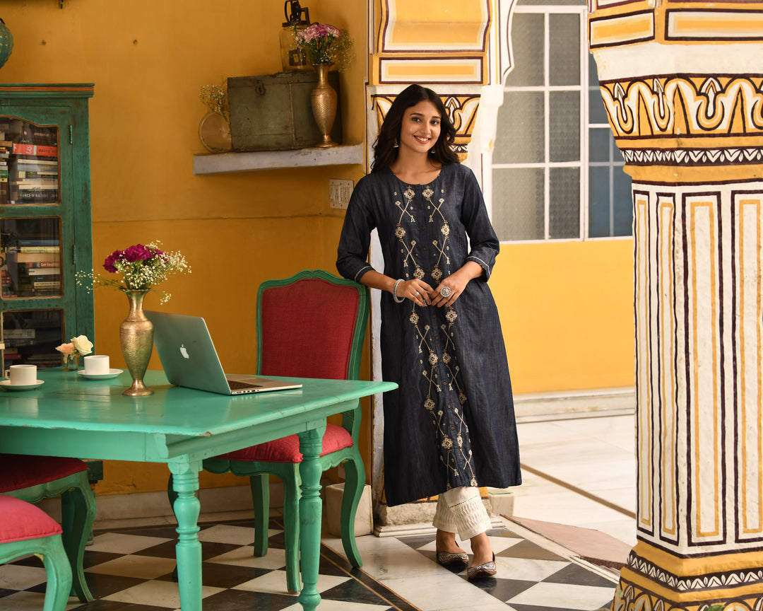 Denim A-Line Front Slit Embroidered Kurta