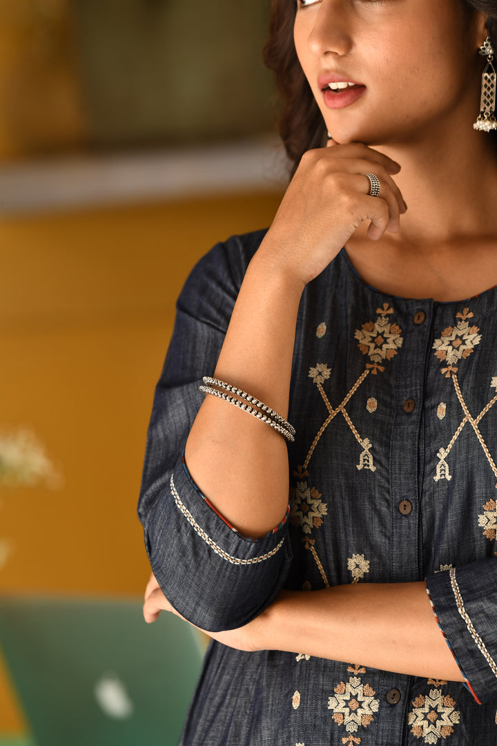 Denim A-Line Front Slit Embroidered Kurta