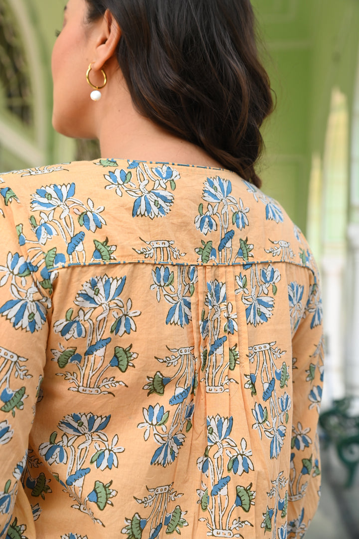 Cotton Yellow Printed Pintuck Tunic Top