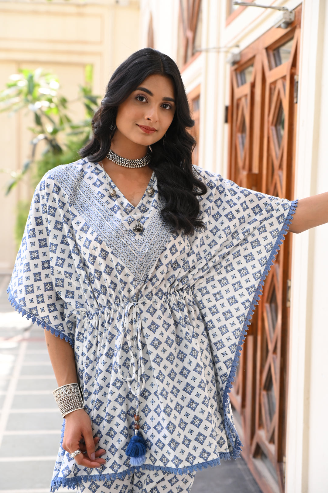 Cotton White and Blue Printed Kaftan Co-Ord Set