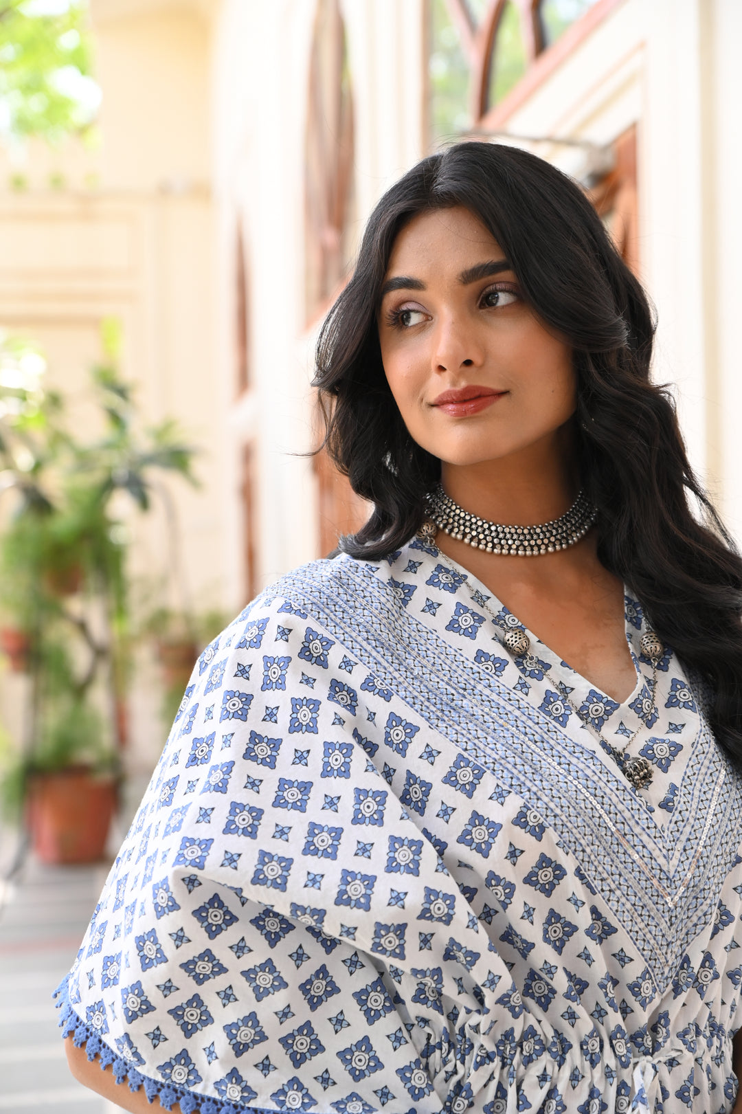 Cotton White and Blue Printed Kaftan Co-Ord Set