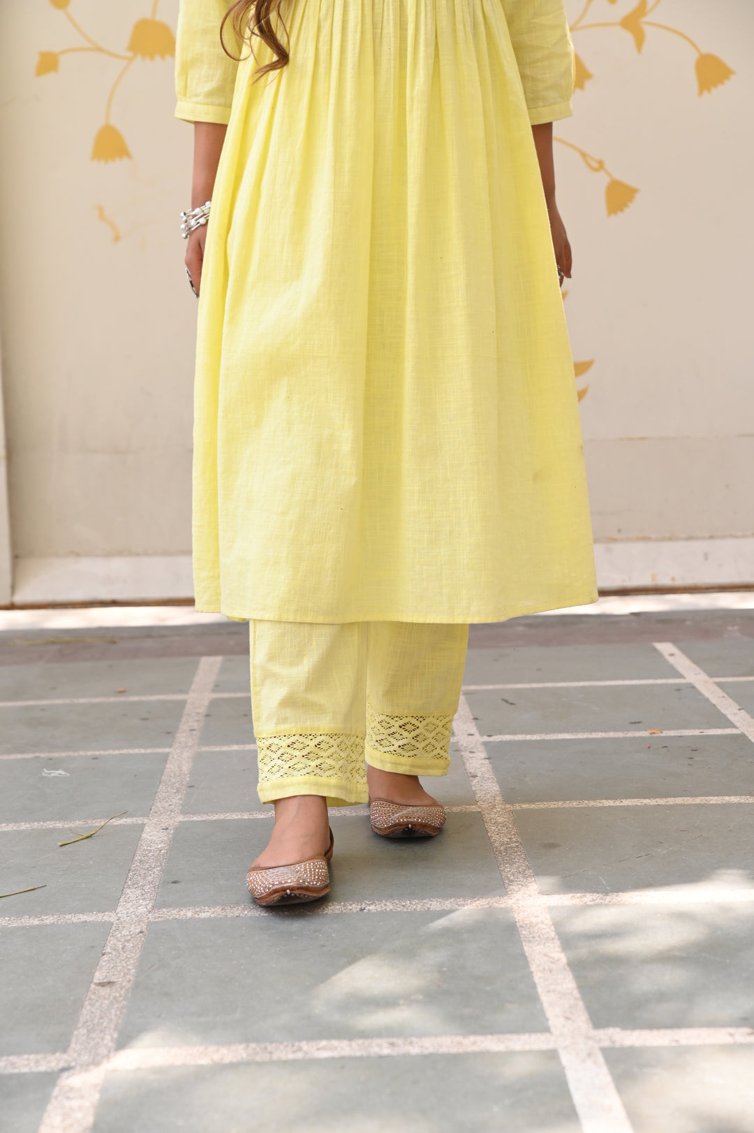 Yellow Cotton Embroidered A-Line Kurta Pant Set