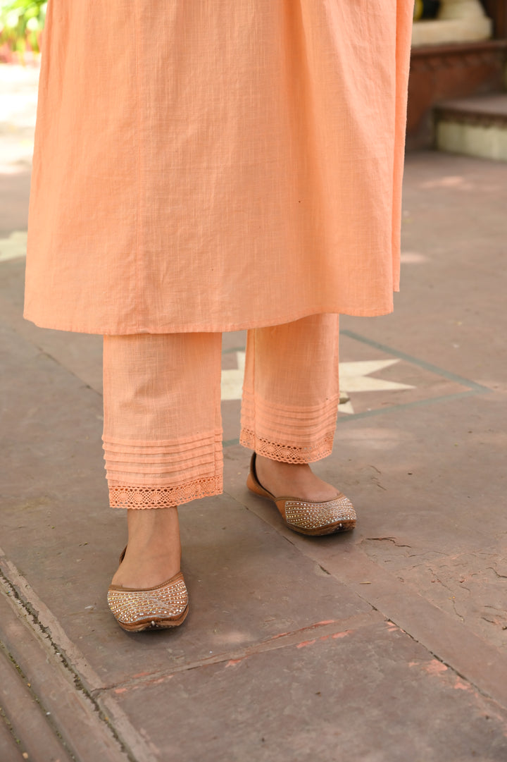 Cotton Embroidered Peach A-Line Kurta Pant Set