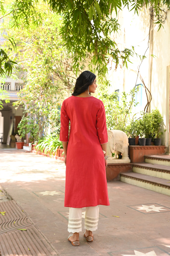 Cotton Red Embroidered A-Line Kurta