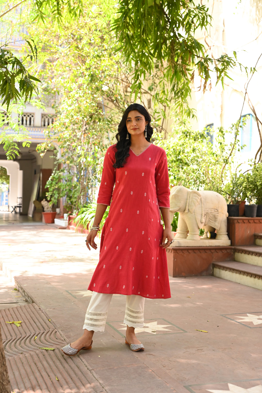 Cotton Red Embroidered A-Line Kurta