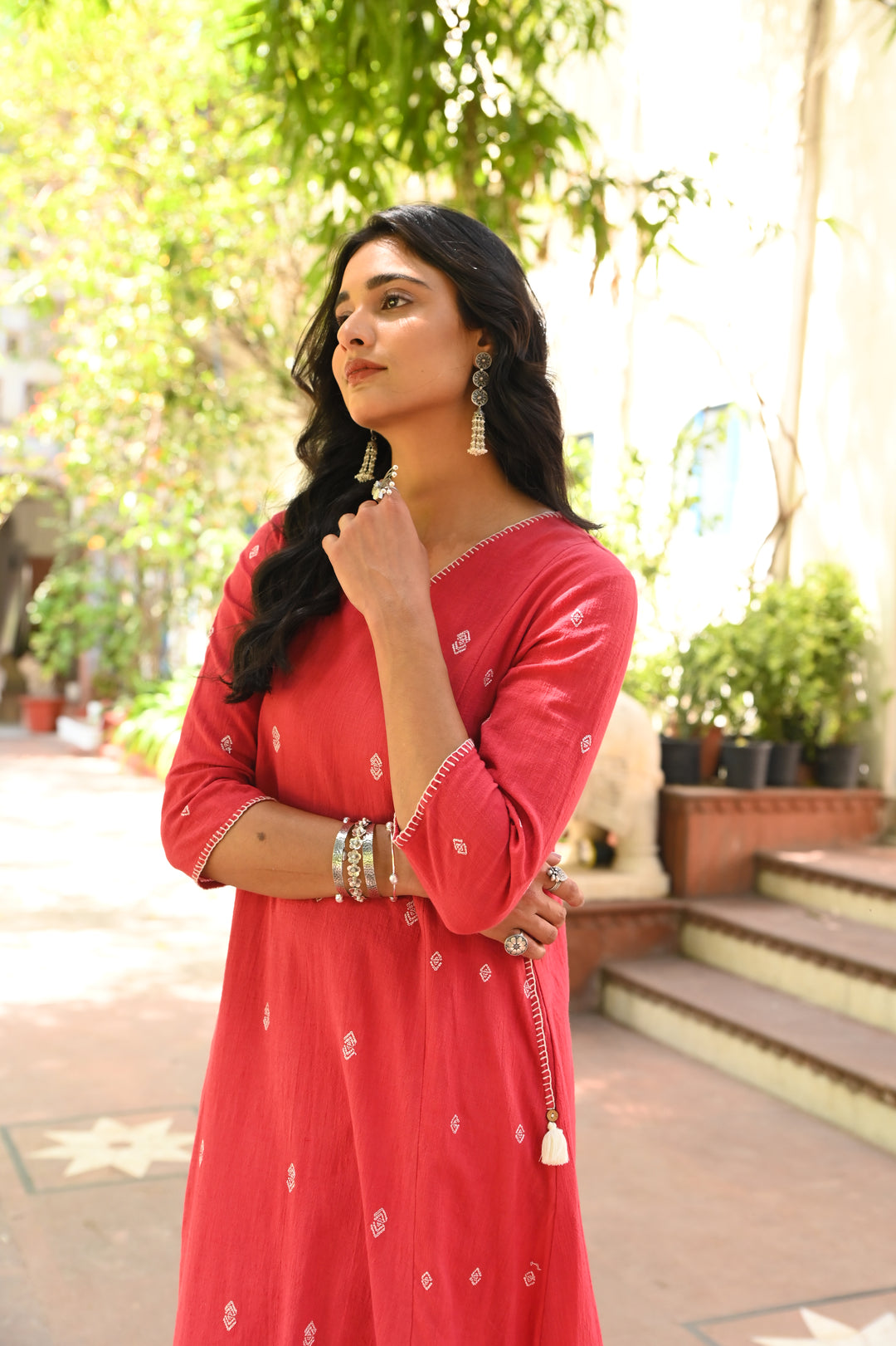 Cotton Red Embroidered A-Line Kurta