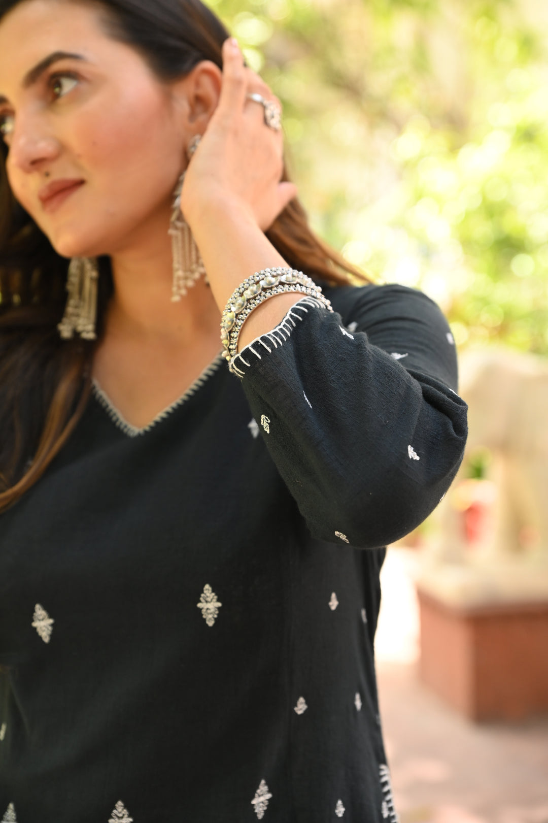 Black Cotton Embroidered A-Line Kurta