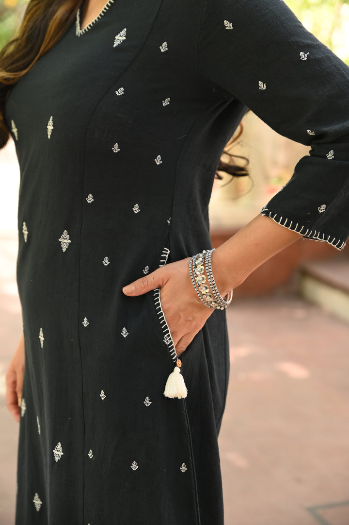 Black Cotton Embroidered A-Line Kurta