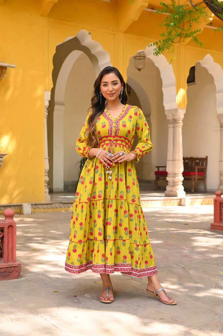 Yellow Cotton Printed Designer Detailed Tiered Maxi Dress